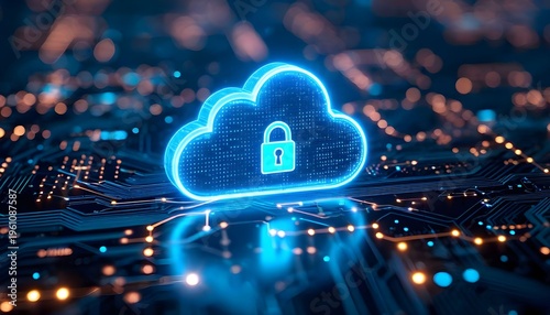 A glowing blue cloud with a padlock icon floats above a circuit board with neon lights in a dark room.