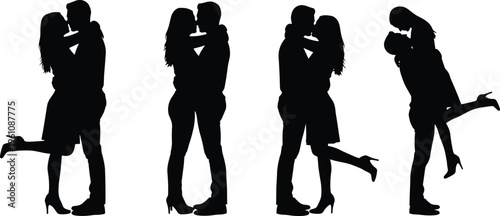 Set of silhouettes showing romantic young couples kissing and hugging in various intimate poses isolated on white background for wedding and valentine design projects