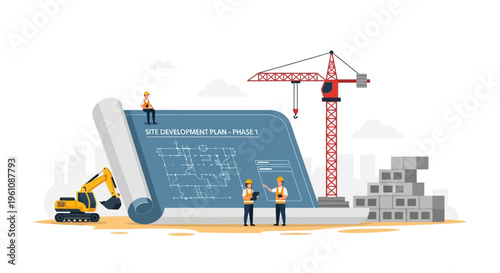 Construction Site Development Plan with Architectural Blueprint, Tower Crane, Excavator, and Engineering Team - Flat Vector Illustration