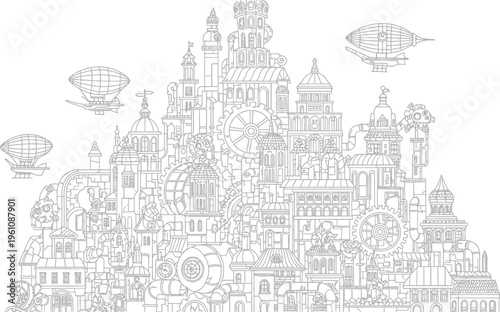 Steampunk city skyline with airships illustration