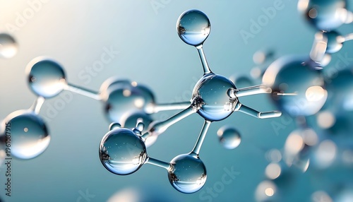 A detailed close-up view of a molecular structure model with balls and sticks on a blue background