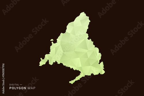 Madrid Map - Low poly polygon map in soft light green gradient on dark brown background, modern minimal geometric style, clean abstract vector illustration design.