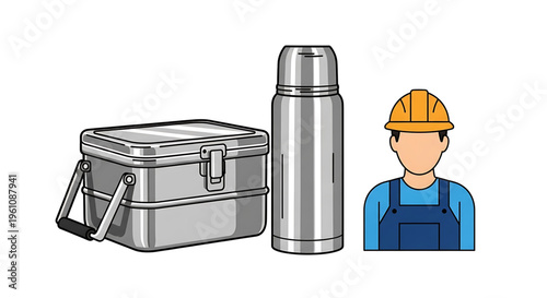 A construction worker with a lunchbox and thermos for a meal on the job site