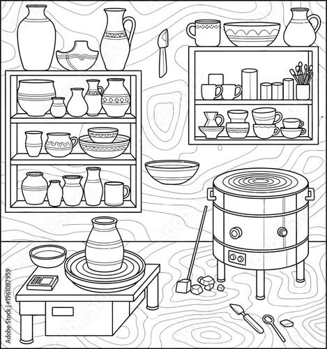 Pottery studio scene with kiln and pottery wheel illustration
