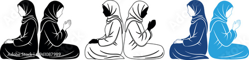 woman hijab sitting pose silhouette modest female character vector set, muslim woman seated posture silhouette collection traditional clothing figure icons, Sitting people silhouette set human poses
