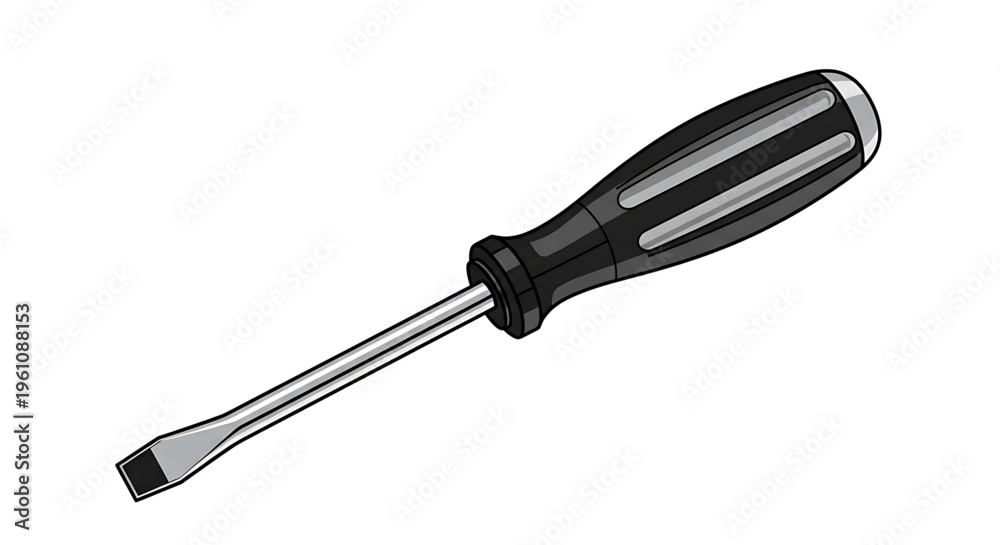 Fototapeta premium A flat, minimal vector graphic of a screwdriver with a black handle and silver metal shaft, ideal for use as an icon or clipart in digital design and technical illustrations.