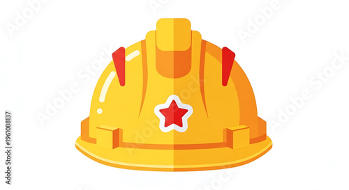 A vector graphic illustration of a yellow hard hat with a red star on the front, symbolizing safety and protection in the workplace.