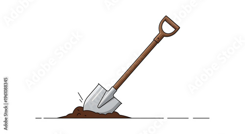 A shovel digging into a pile of dirt with a wooden handle and metal blade in a simple vector illustration.