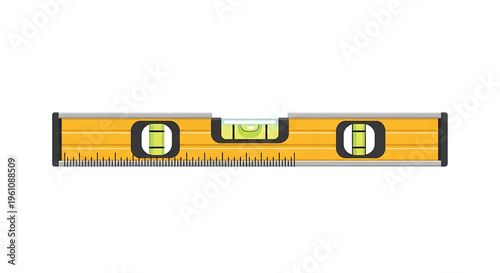 A vector graphic illustration of a yellow spirit level tool with black accents and a white background, used for measuring balance and alignment in construction and DIY projects.