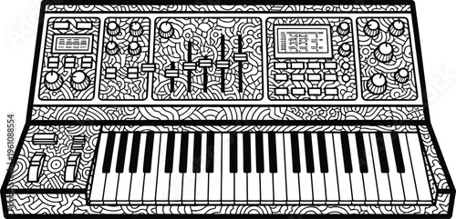 Synthesizer keyboard with intricate doodle pattern illustration