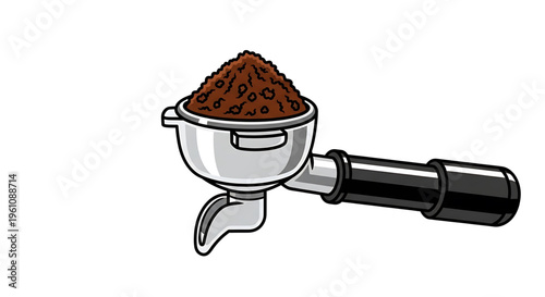 A vector graphic illustration of a coffee portafilter filled with ground coffee beans