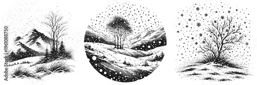 Line art sketch drawing of winter landscapes in three variations. The first depicts snow-covered mountains with leafless trees and tall grasses in the foreground under falling snow vector svg