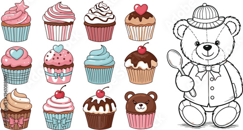 Cute cupcake collection with various sweet desserts and teddy bear baker outline, colorful and hand drawn vector illustration for bakery, kids and food design projects