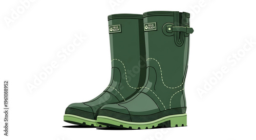 A pair of green rubber boots with lime green soles and buckles on a white background