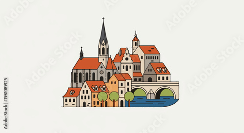 Stylized European town with church, houses, bridge, and river