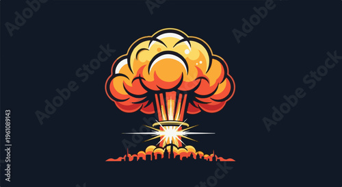 Stylized explosion mushroom cloud over city silhouette