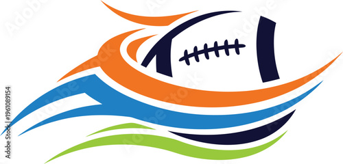 Rugby ball logo with dynamic colorful swooshes sports branding