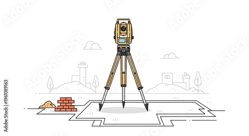 A vector graphic illustration of a construction site with a surveying instrument and building materials