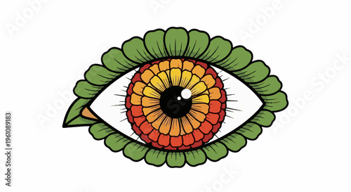 Stylized eye with radiating petals and green leaf-like border