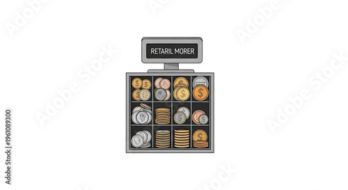 A vector graphic illustration of a retail cash register with coins in a modern flat design style
