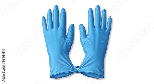 A pair of blue latex gloves on a white background for medical or industrial use