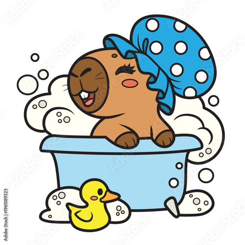 Cute cartoon capybara sitting in a bathtub full of foam in a bathing cap color variation on white background