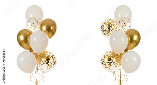 Two clusters of white and gold metallic shiny balloons with confetti isolated on transparent background transparent background