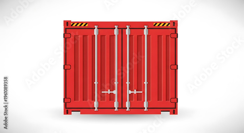 A red shipping container with closed doors on a white background