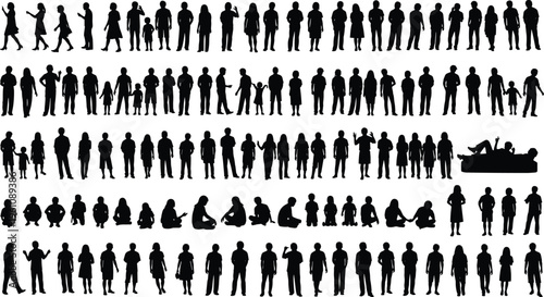 Collection of black silhouettes of adults and children in diverse standing, walking, sitting, and interacting poses, arranged in rows, perfect for design, education, 