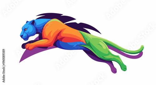 Stylized, colorful jaguar in mid-leap with sharp, abstract shadows
