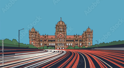 Stylized, colorful illustration of an ornate historical building with light trails on a road