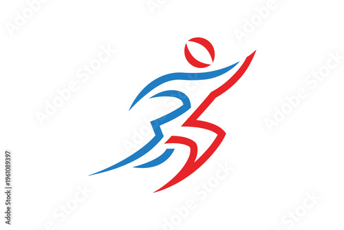 Dynamic sports logo with abstract runner and ball in red and blue on white background for athletic and fitness concepts