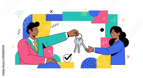 Real Estate Agent Handing Over House Keys to Client, Property Sale and Rental Concept Vector Illustration