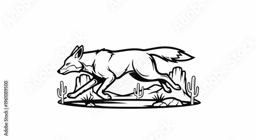 Stylized coyote running through a desert landscape with cacti and rocks