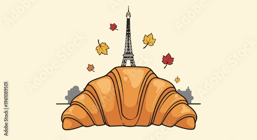 Stylized croissant with Eiffel Tower and falling autumn leaves