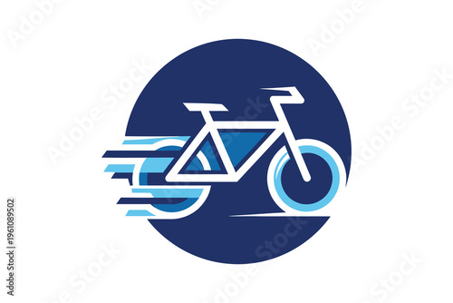 Blue bicycle logo with motion lines on a dark blue circle background