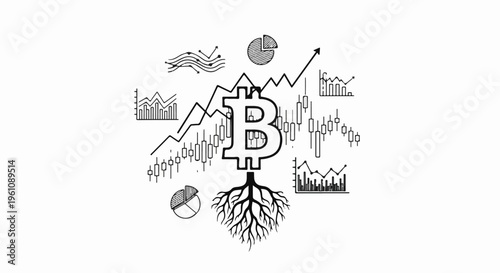 Stylized cryptocurrency symbol with financial charts and roots