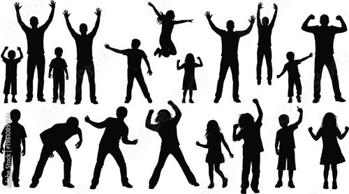 Collection of black silhouettes of adults and children in dynamic poses including jumping, dancing, and celebrating, perfect for design, education, sports, community, and creative artwork projects.