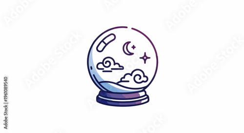 Stylized crystal ball with celestial elements and clouds