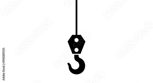 A minimalist vector graphic of a crane hook suspended from a rope