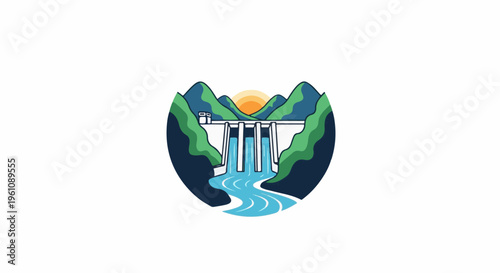 Stylized dam structure with water flowing through gates amidst mountains