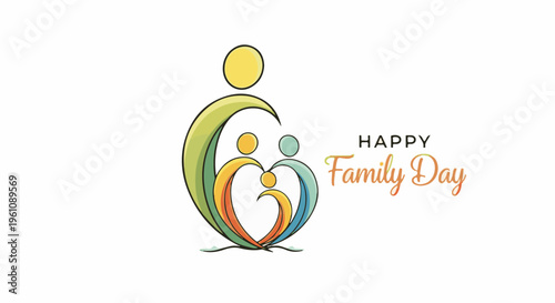 Stylized family silhouette embracing a heart shape, with text