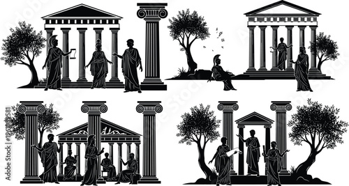 Ancient Greek Roman Empire silhouettes featuring classical marble columns, temples, olive trees, philosopher scholars, and soldiers for historical architectural vector design.