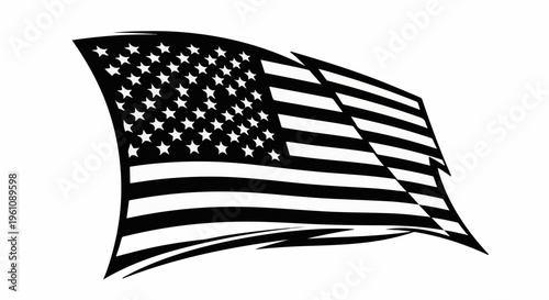 Stylized black and white graphic of the American flag waving