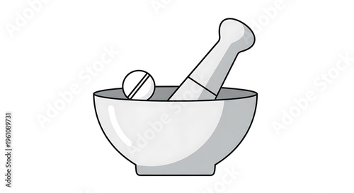 A pharmacist's mortar and pestle with a pill inside, used for mixing and crushing medications in a medical or laboratory setting.