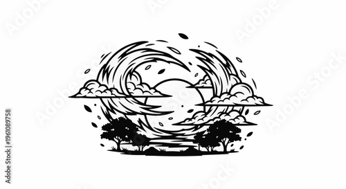 Stylized depiction of a swirling vortex with clouds and silhouetted trees