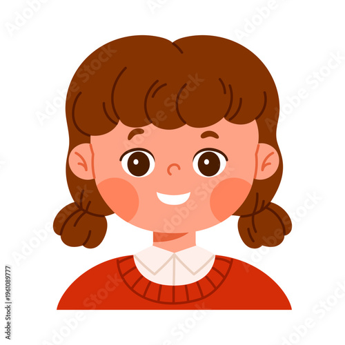 Cute happy girl character smiling. Facial expression concept. Friendly child avatar with positive emotion. Isolated vector illustration