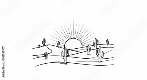 Stylized desert landscape at sunrise with cacti and rolling hills