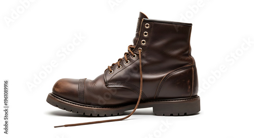 A stylish brown leather boot with laces on a white background
