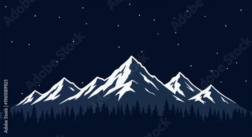 Snow-capped mountains rise above a dark forest under a starry night sky